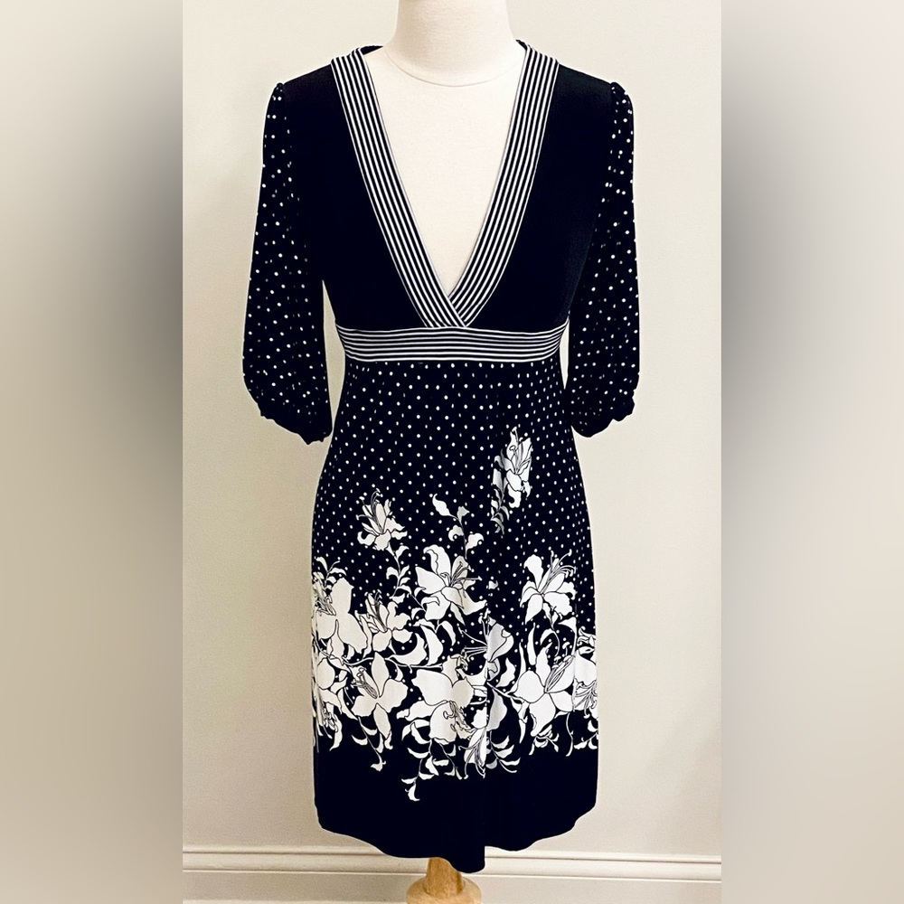 BCBGMAXAZRIA Black White Striped Polka Dot Floral SZ S Designer Boho Chic Dress